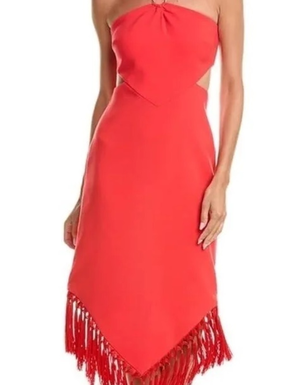 Likely Coral Red Strapless Midi Dress with Fringe Hem